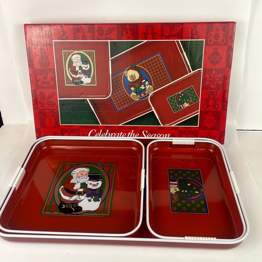 Vintage Set 3 Lacquer Christmas Holiday Serving Trays Decor Red Santa 1995 prop